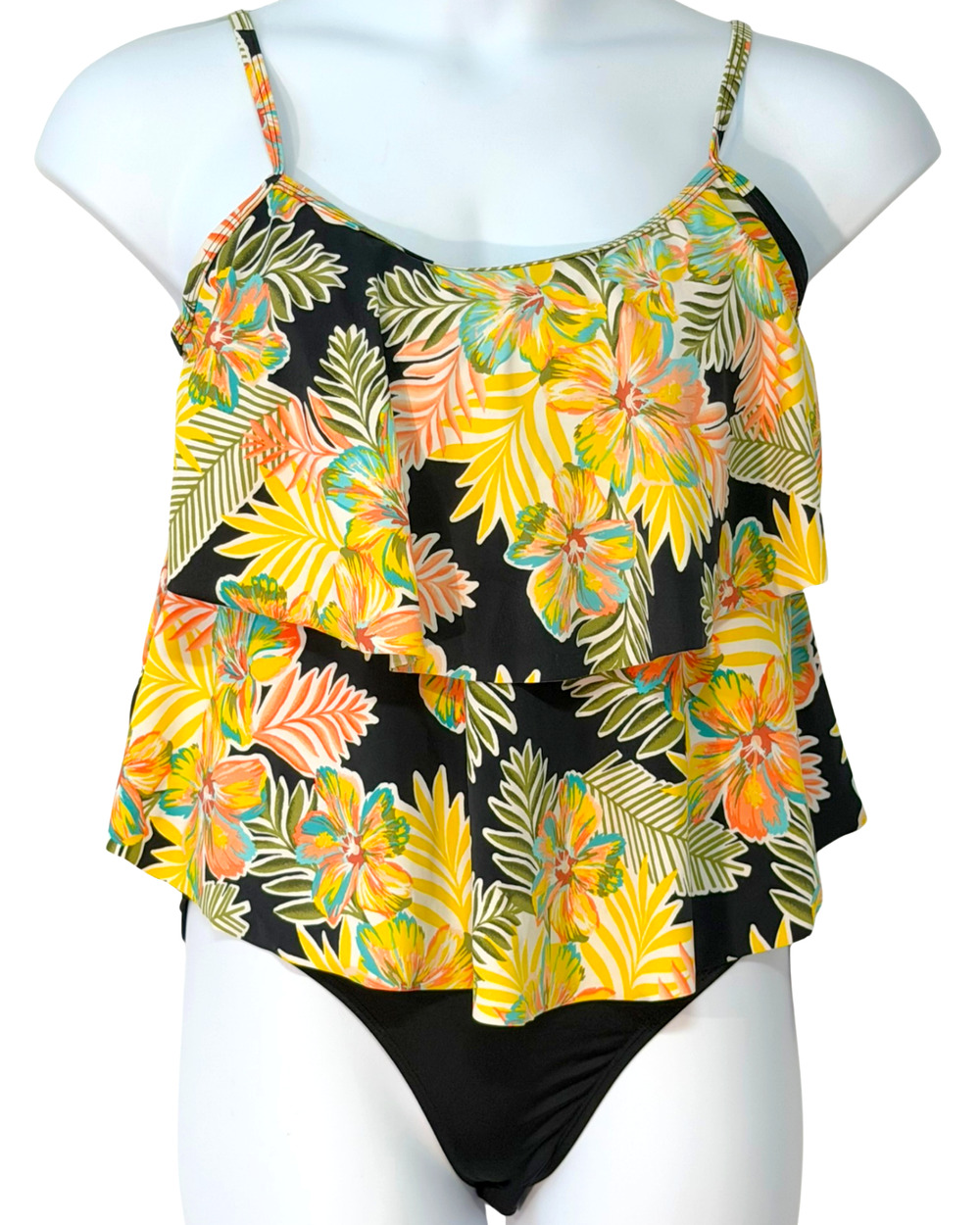 Jantzen Sz 12 2 Pc Tankini Bikini Top Swim Bottom Yellow & Black Tropical New